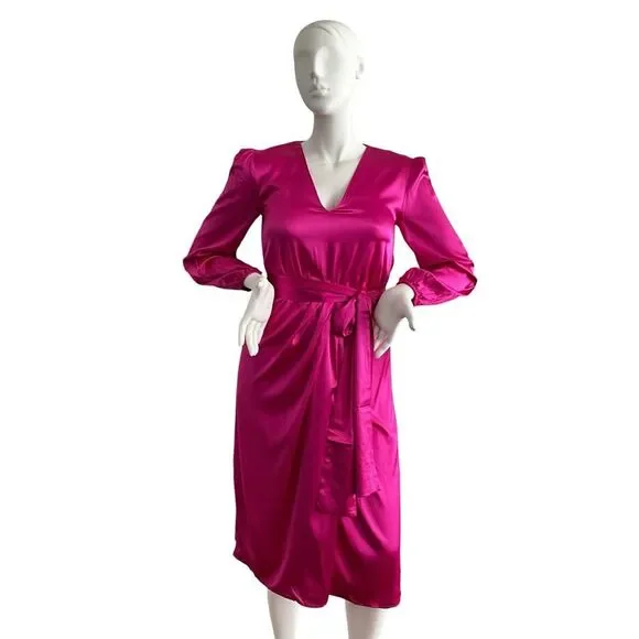 New 97% Silk Faux Wrap Elegant Vibrant Pink Taylor Tillman Long Sleeve Dress M - Picture 2 of 10